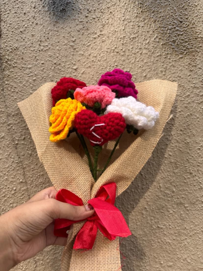Handmade Crochet Rose Bouquet with Custom Initial Heart