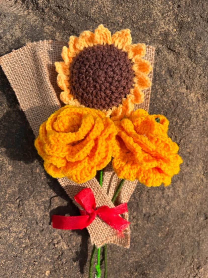 Handmade Crochet Yellow Rose & Sunflower Bouquet