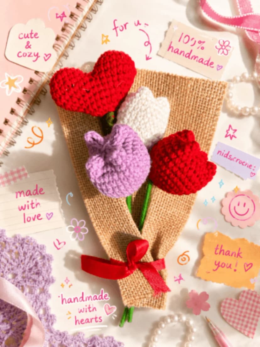 Handmade Crochet Tulip Bouquet with Heart – 3 Tulips Forever Flowers